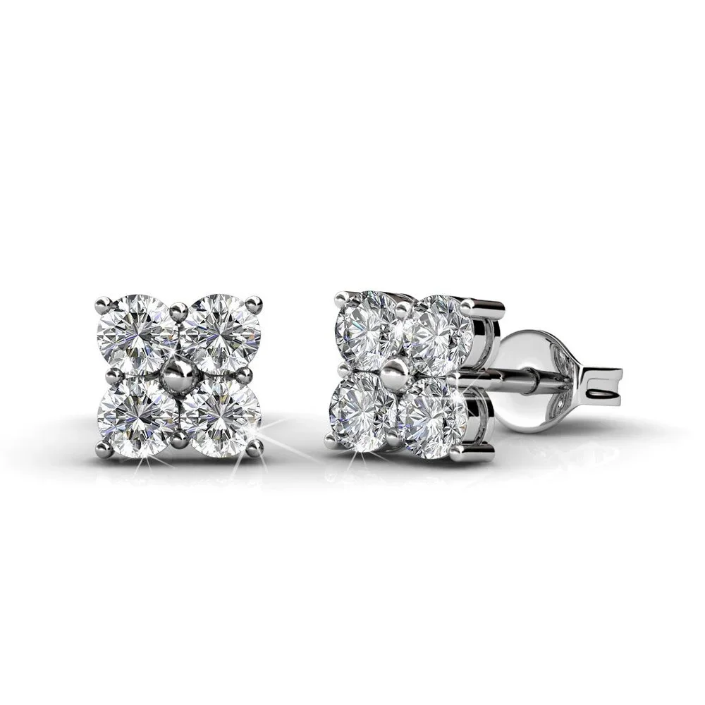 Square Flower Diamond Stud Earrings Australian Crystals - Picture 1 of 5